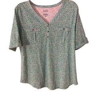 Croft & Barrow Henley Button Green Floral Print Short Sleeve‎ Blouse Large EUC